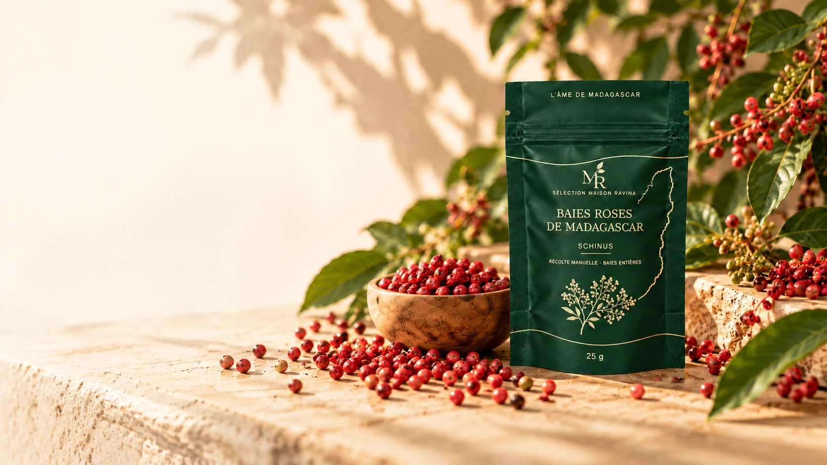 Baies roses de Madagascar Maison Ravina présentées avec leur sachet de 25 g