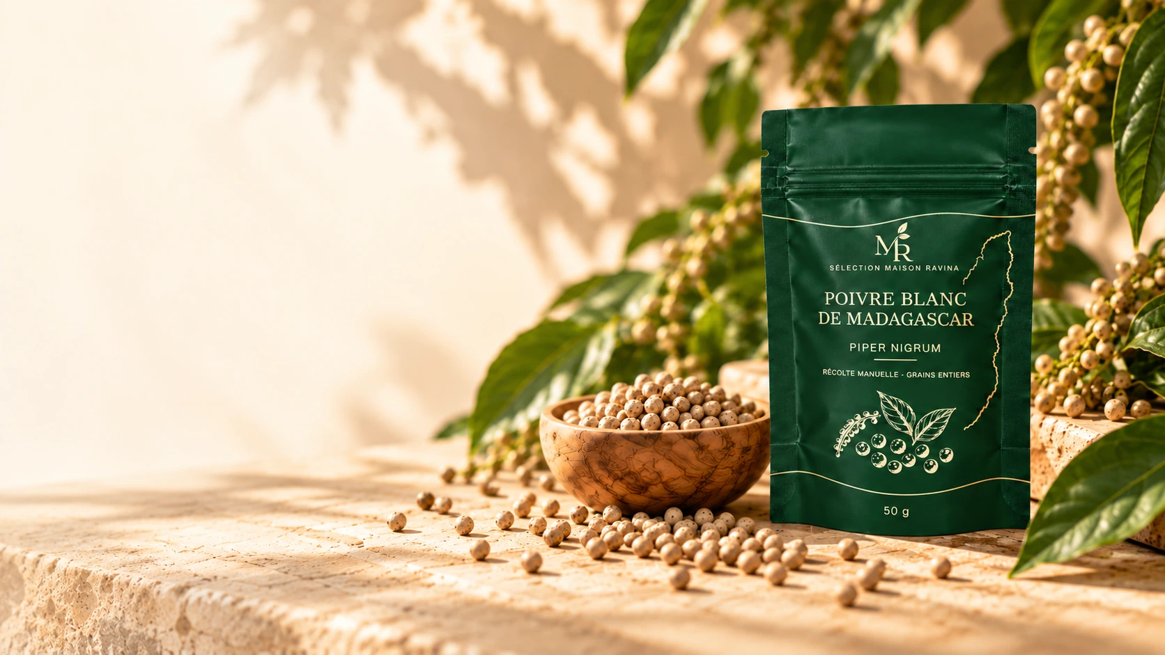 Poivre blanc de Madagascar Maison Ravina présenté avec son sachet de 50 g