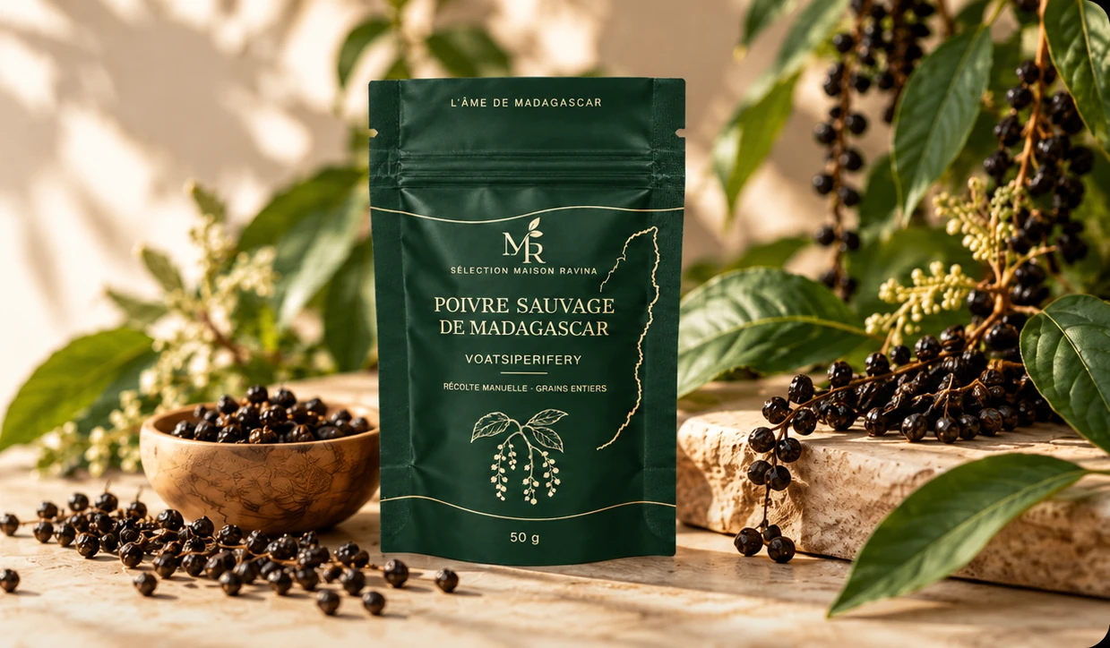 Poivre sauvage Voatsiperifery Maison Ravina présenté avec son sachet de 50 g
