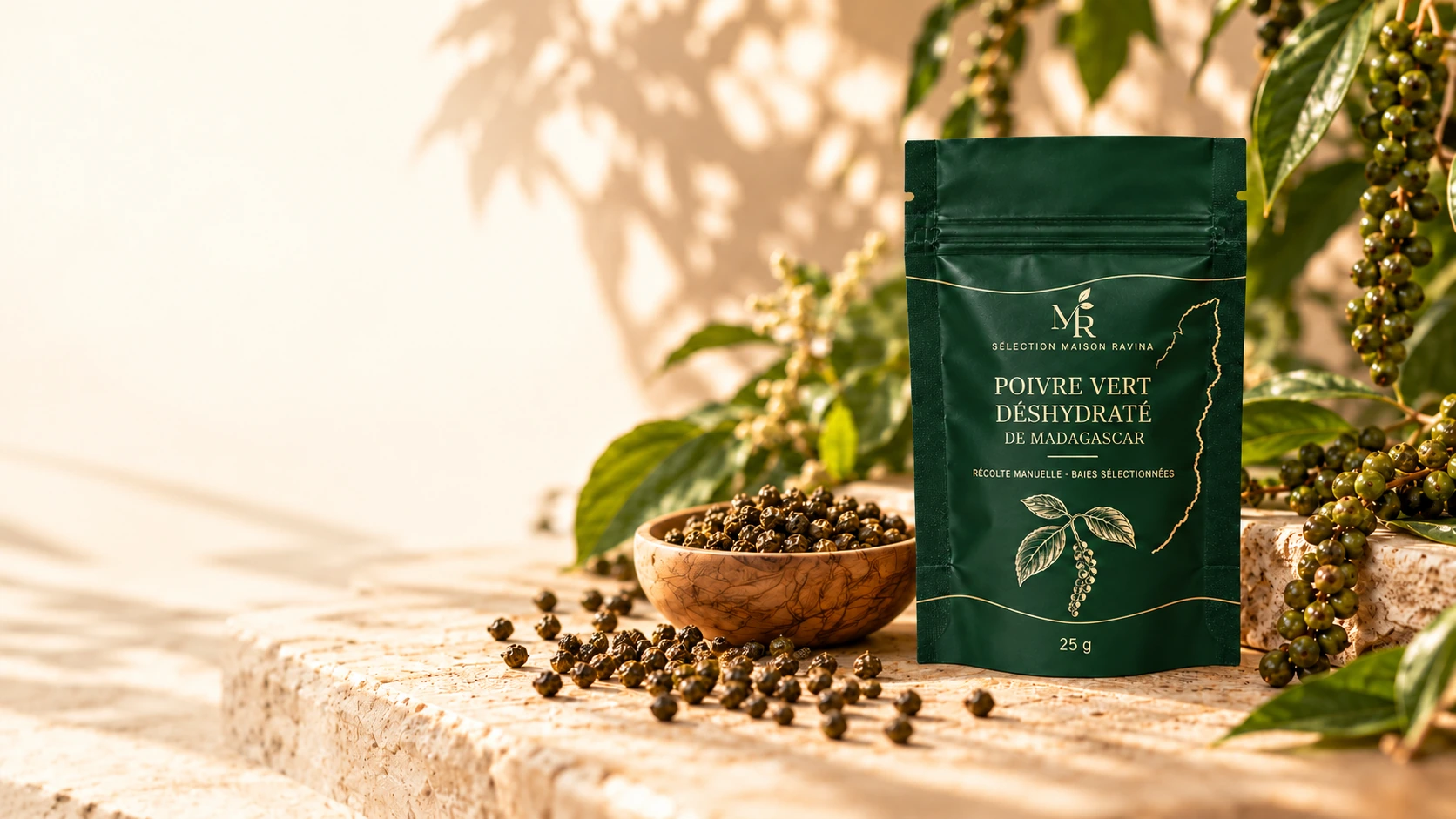Poivre vert déshydraté de Madagascar Maison Ravina présenté avec son sachet de 25 g