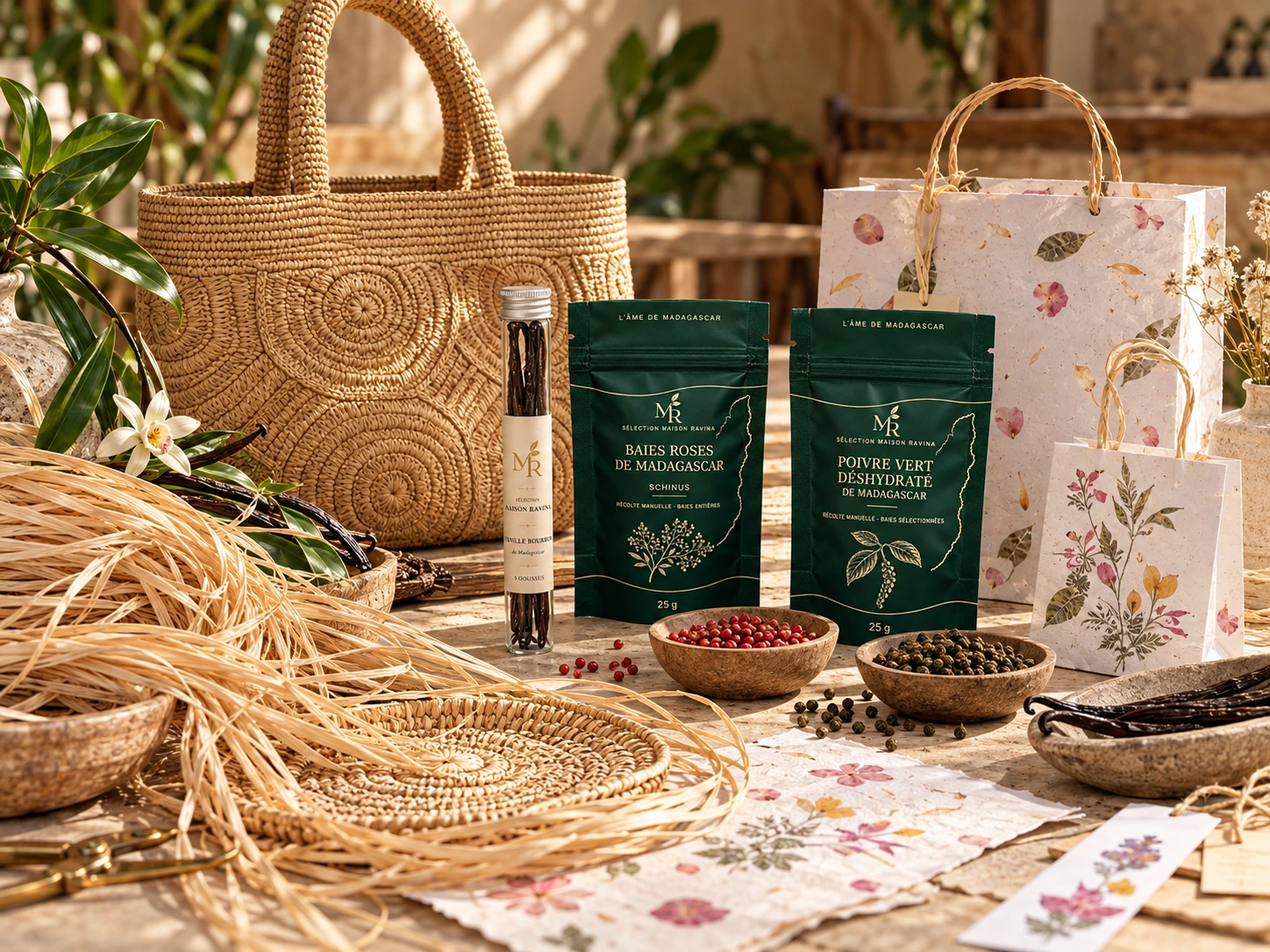 Matières de raphia, artisanat, papier Antemoro, vanille et épices Maison Ravina